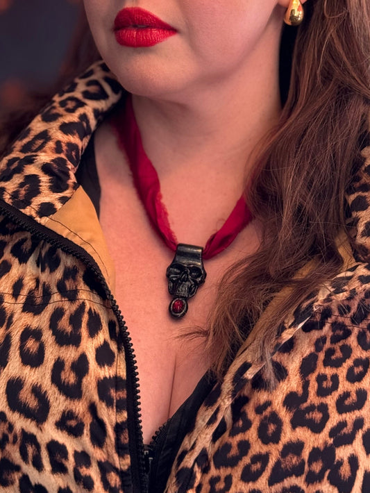 Skull & Faceted Garnet Talisman on Natural Red Silk Ribbon Necklace | Handmade, Lightweight, Allergen-Friendly