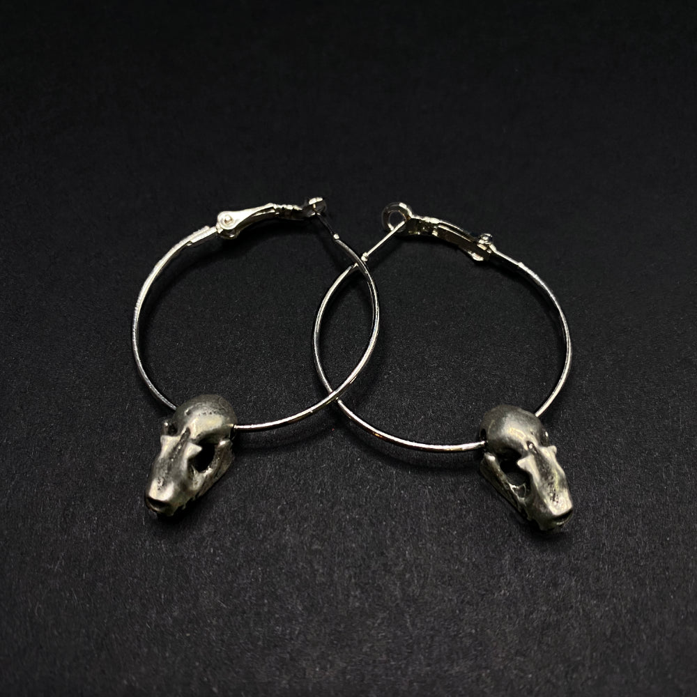Pewter Bat Skull Hoop Earrings