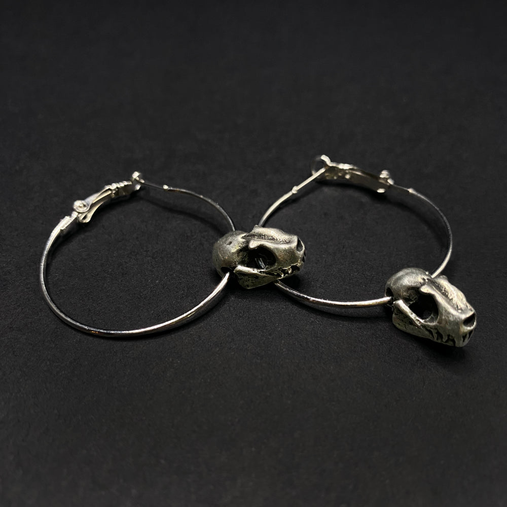 Pewter Bat Skull Hoop Earrings
