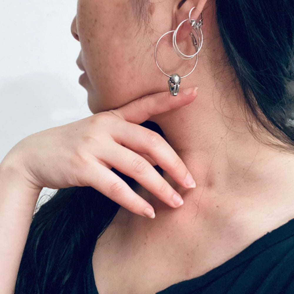 Pewter Bat Skull Hoop Earrings