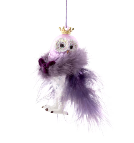 Purple Owl Ornament – Crowned Boa-Wrapped Blown Glass Design