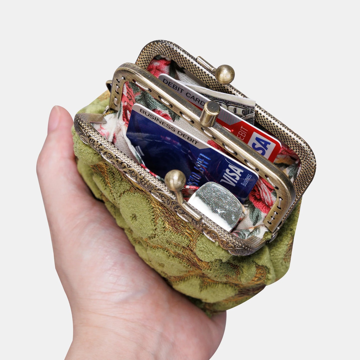 Burnout Velvet Fern Green Double Kiss Clasp Coin Purse