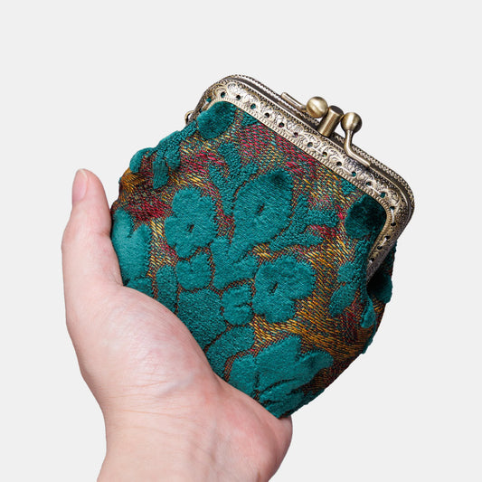 Burnout Velvet Jade Green Double Kiss Clasp Coin Purse