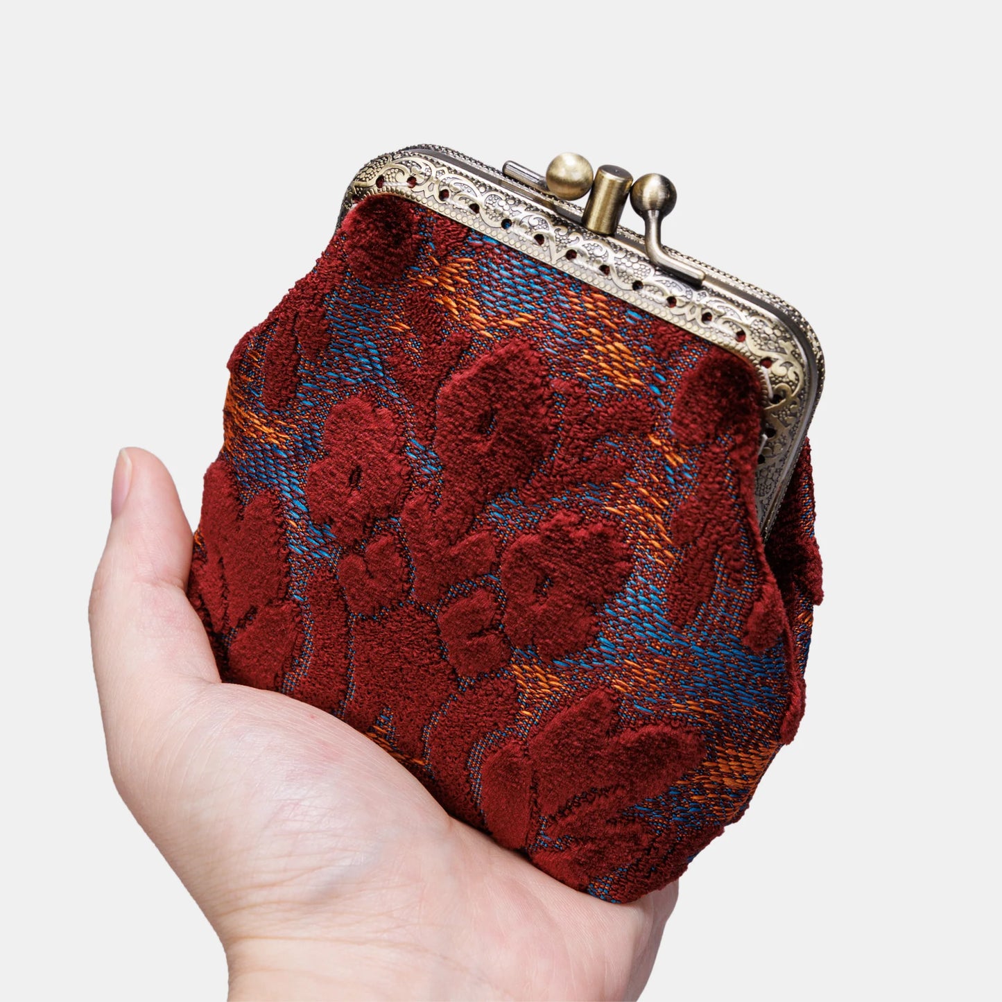 Burnout Velvet Red Wine Double Kiss Clasp Coin Purse
