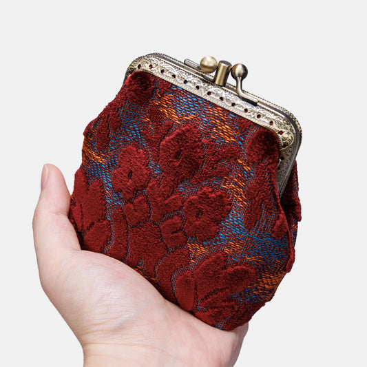 Burnout Velvet Red Wine Double Kiss Clasp Coin Purse
