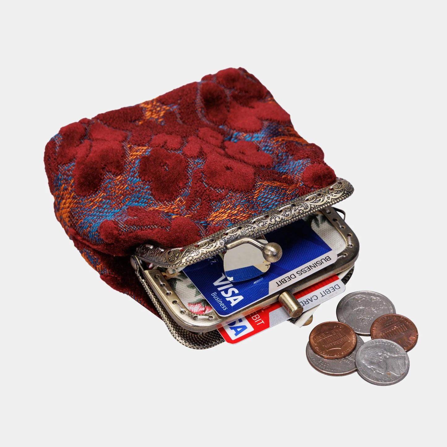 Burnout Velvet Red Wine Double Kiss Clasp Coin Purse