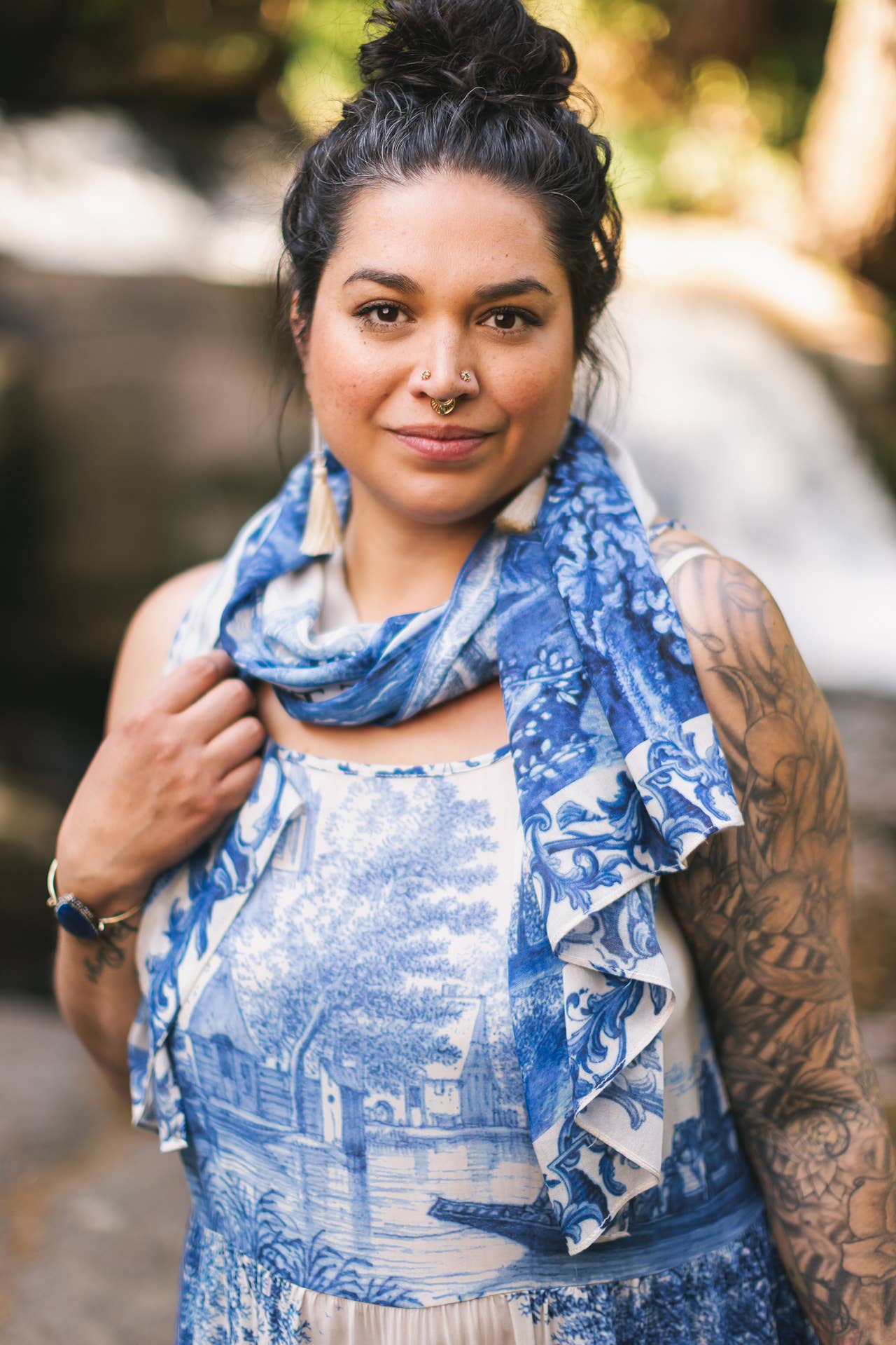 Let The Light In Scarf w/ Blue Delft Toile Print