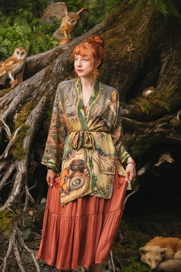 Woodland Wisdom Matinée Duster w/ Florals, Fox & Owl