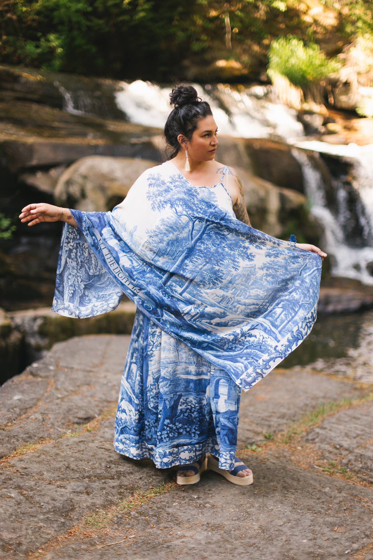 Let The Light In Scarf w/ Blue Delft Toile Print