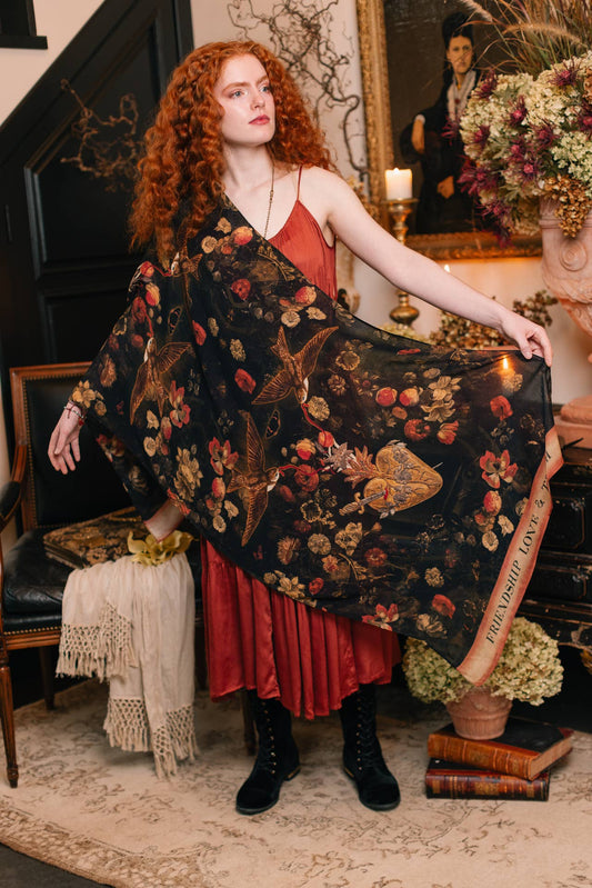 Heart of Gold Scarf w/ Swallows & Sacred Heart