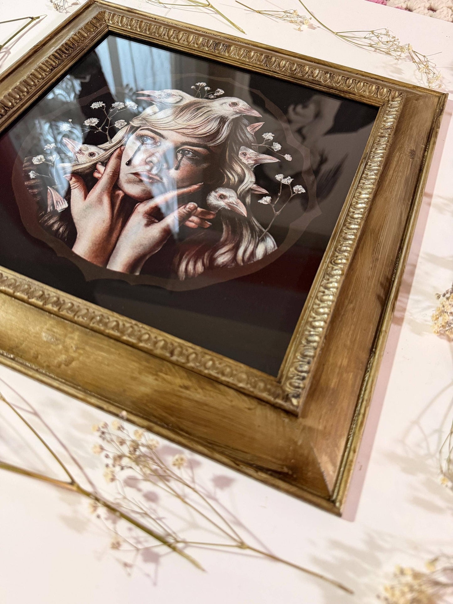 Framed Gothic Crow & Baby's Breath Watercolor Art