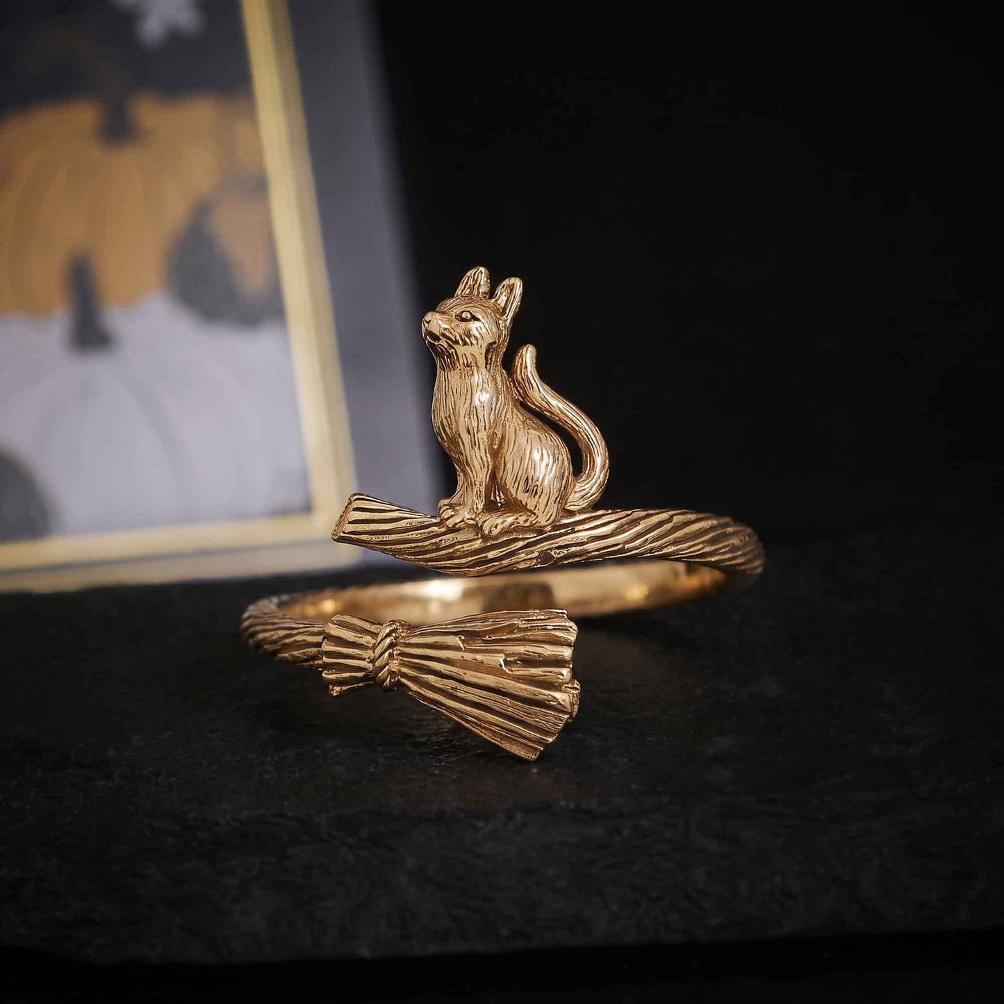 Bronze Adjustable Cat on Broomstick Ring