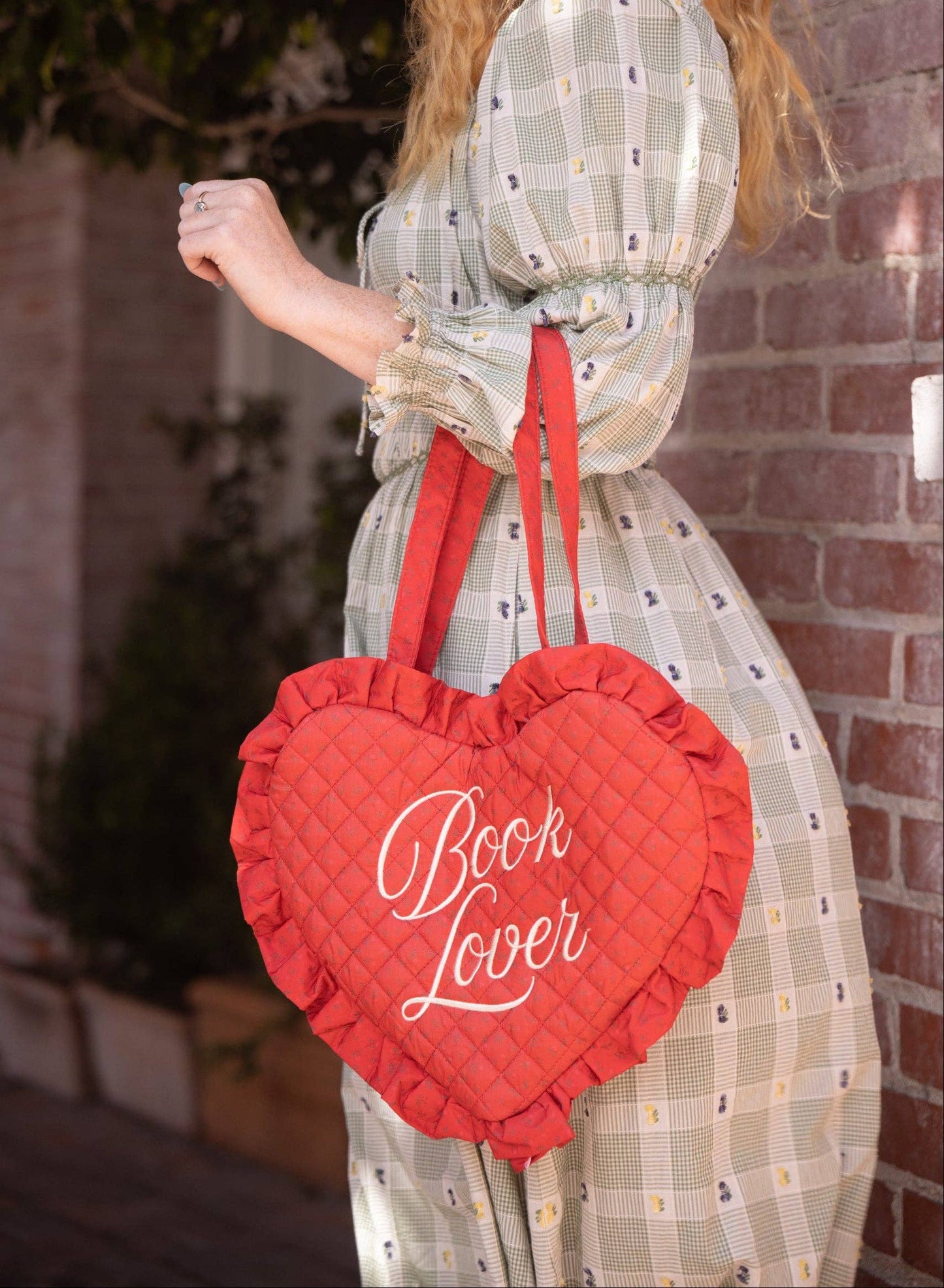 Book Lover Quilted Heart Bag in Red Gingham