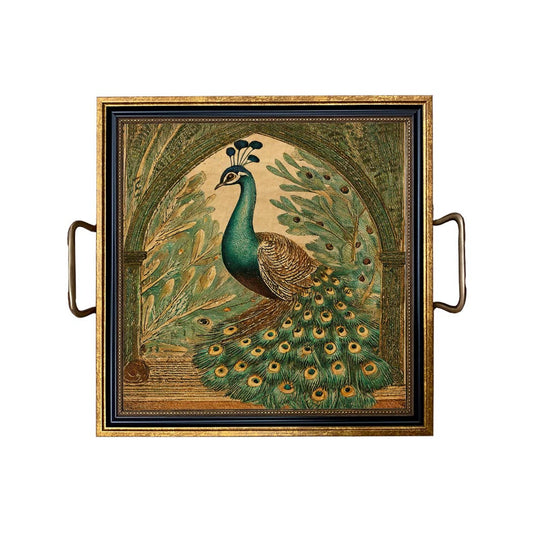 Vintage Style Peacock Decorative Tray with Brass Handles