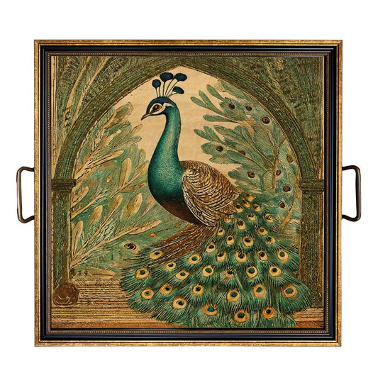 Vintage Style Peacock Decorative Tray with Brass Handles