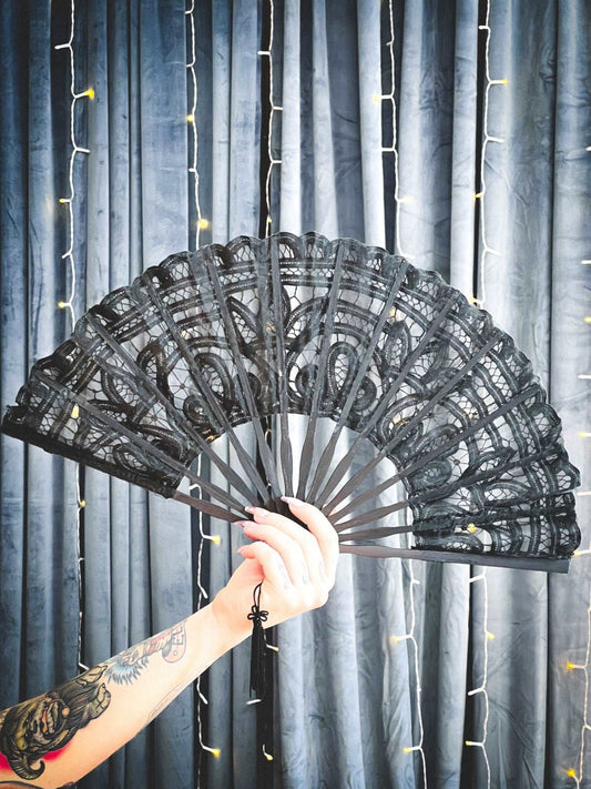 Black Handheld Battenberg Lace Fan