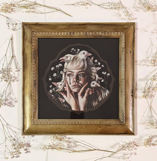 Framed Gothic Crow & Baby's Breath Watercolor Art