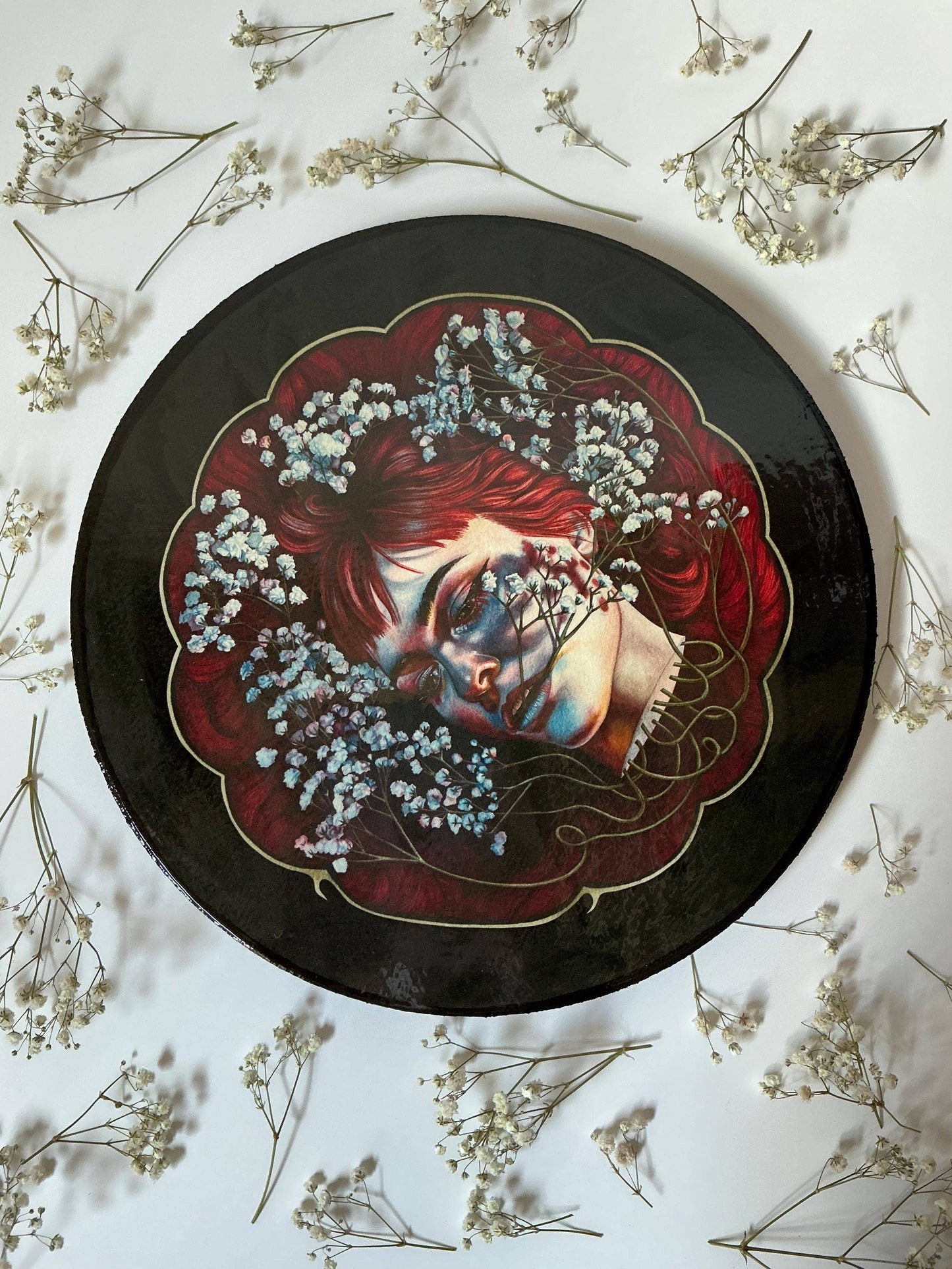 All in my Head - Dark Surreal Rose Watercolor on Wood Panel