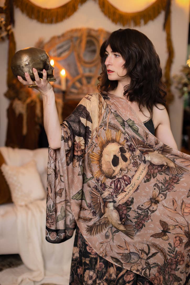 Momento Bohemian Scarf w/ floral print, starling & skull