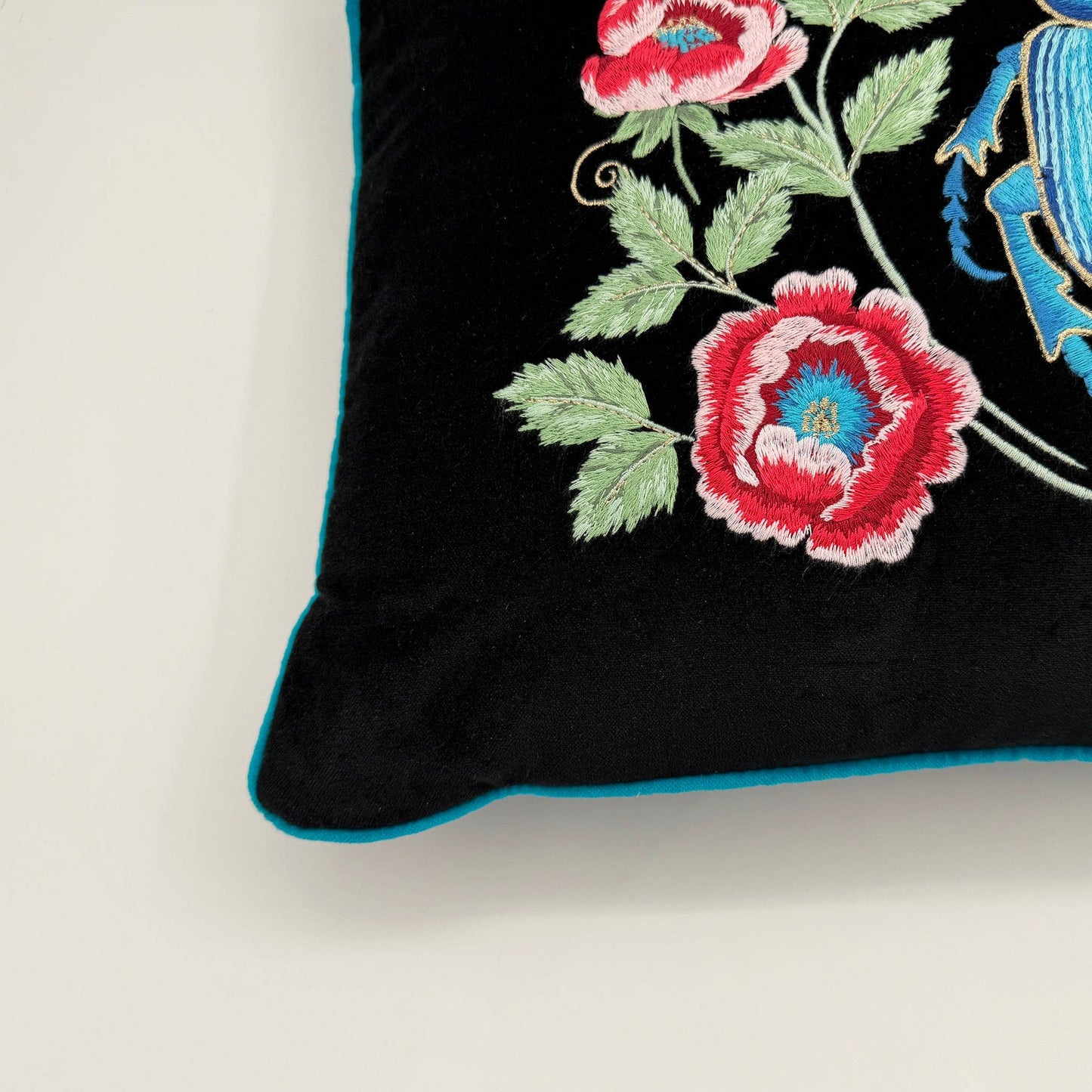 Beetle and Flowers - The Sanctuary Embroidered Velvet Pillow