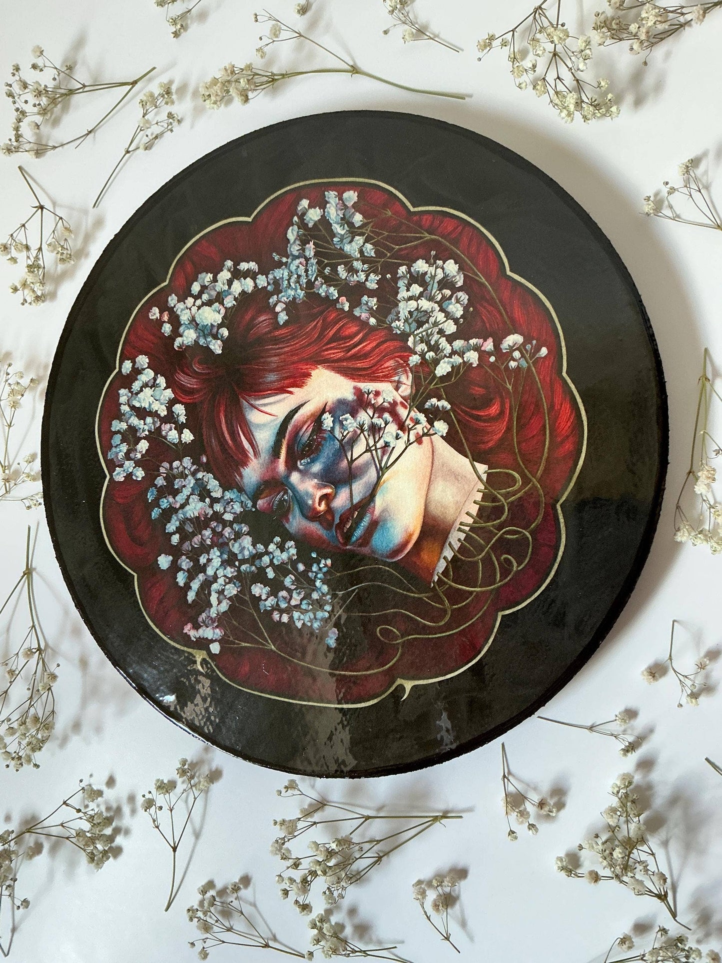 All in my Head - Dark Surreal Rose Watercolor on Wood Panel