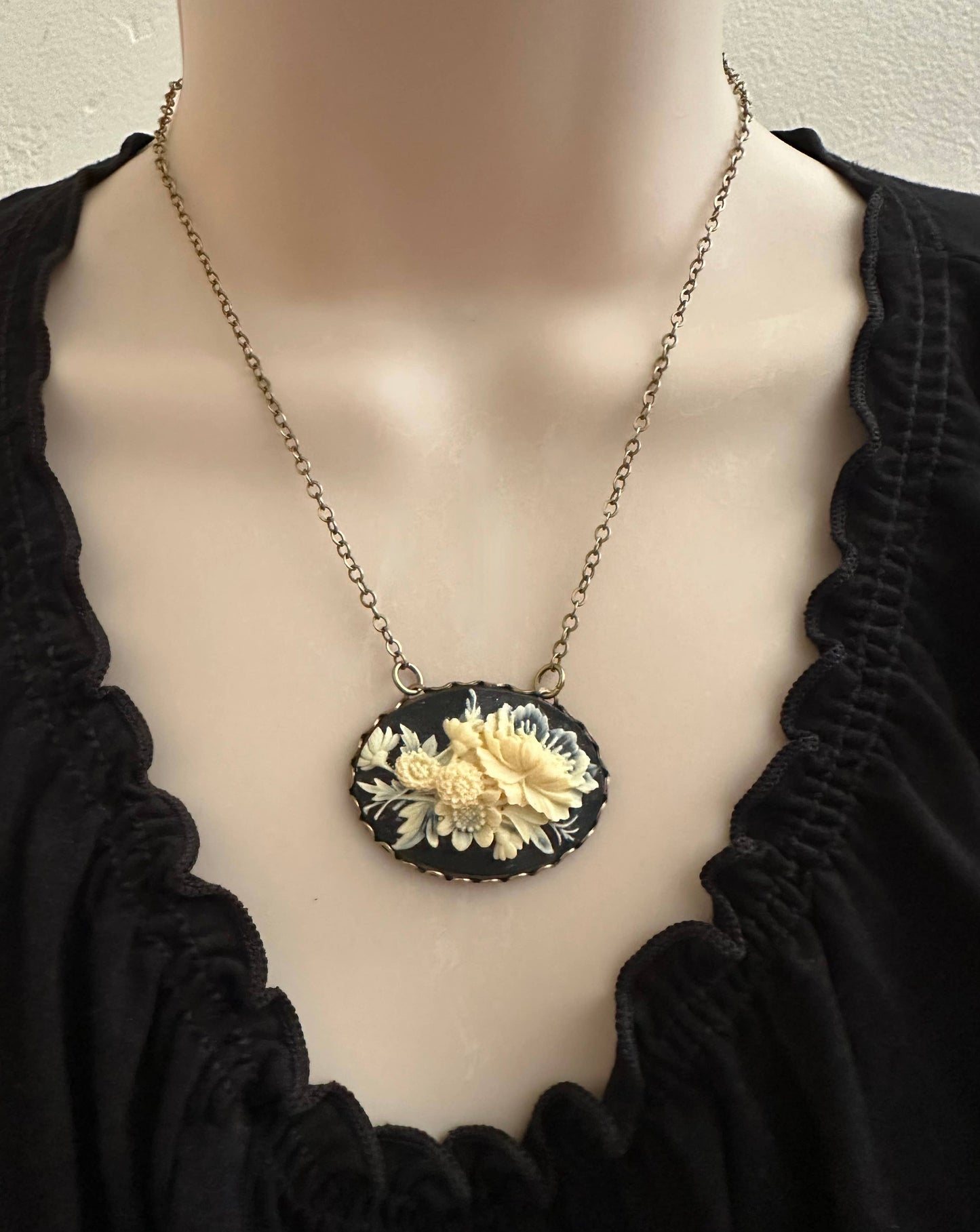 Black Floral Cameo Necklace