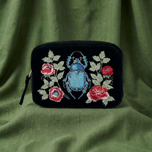 Beetle and Flowers - Sanctuary Embroidered Velvet Makeup Bag