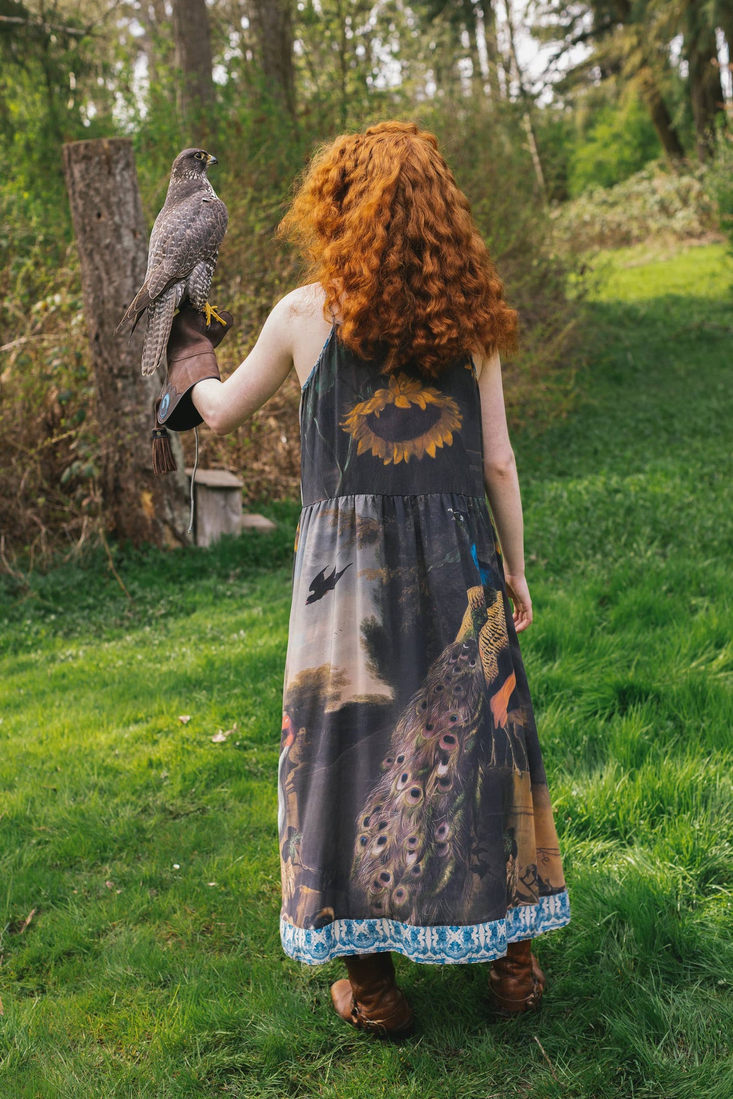 Wild Beauty Bohéme Long Slip Dress w/ Peacock Birds & Floral