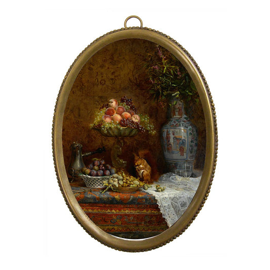 Still Life with Fruit and Squirrel in Antiqued Brass Frame