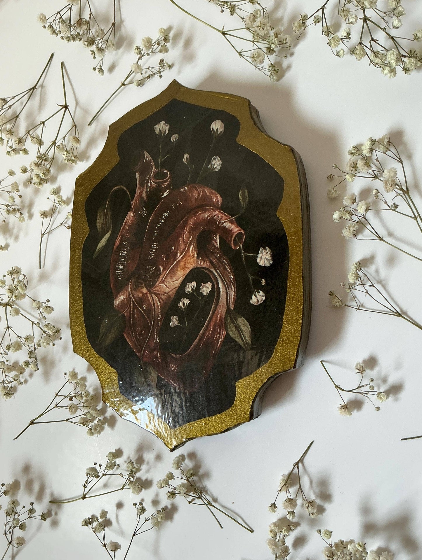 Heart & Baby's Breath Wood Panel Watercolor Painting