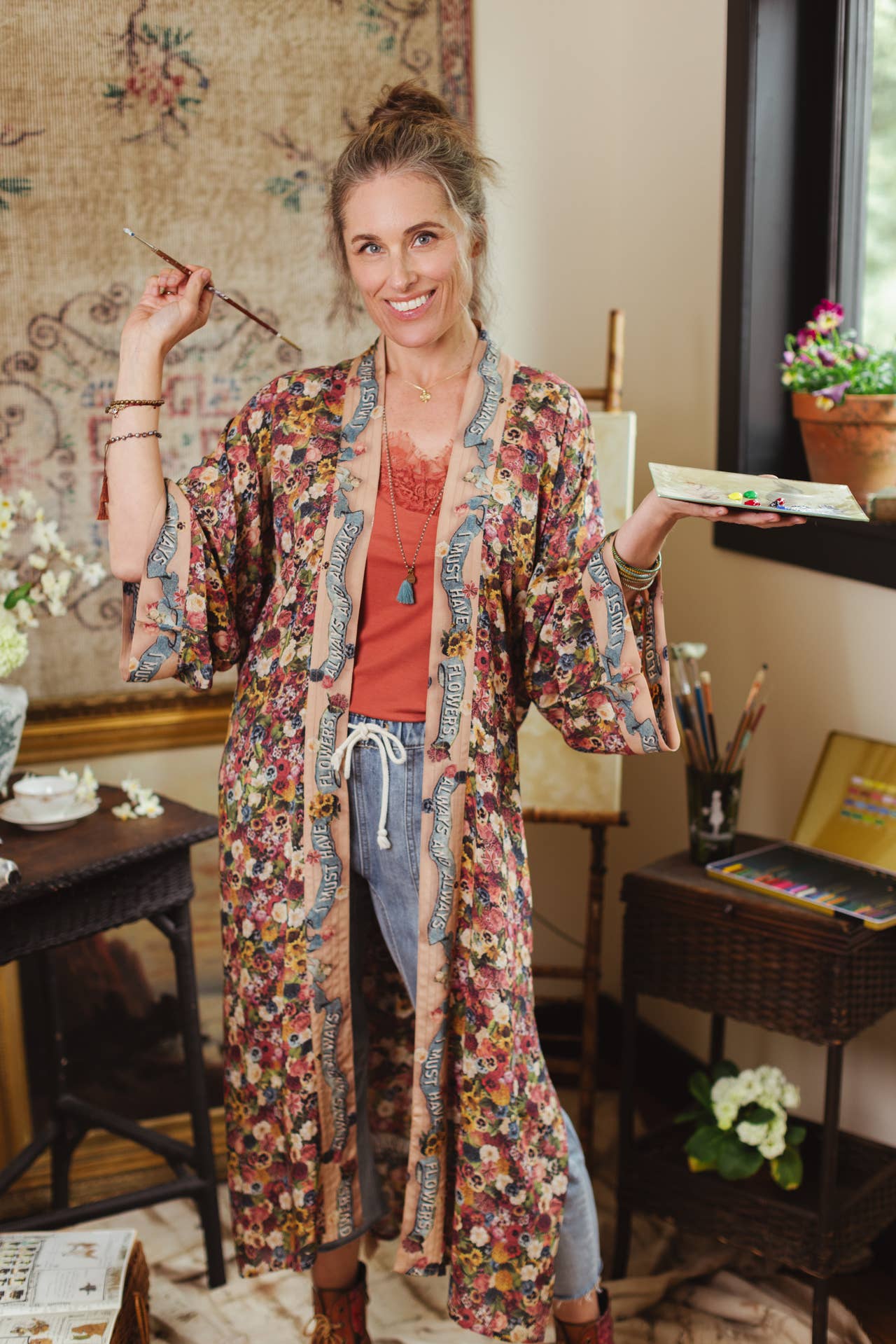Art of Life Kimono w/ Flower Palette Print