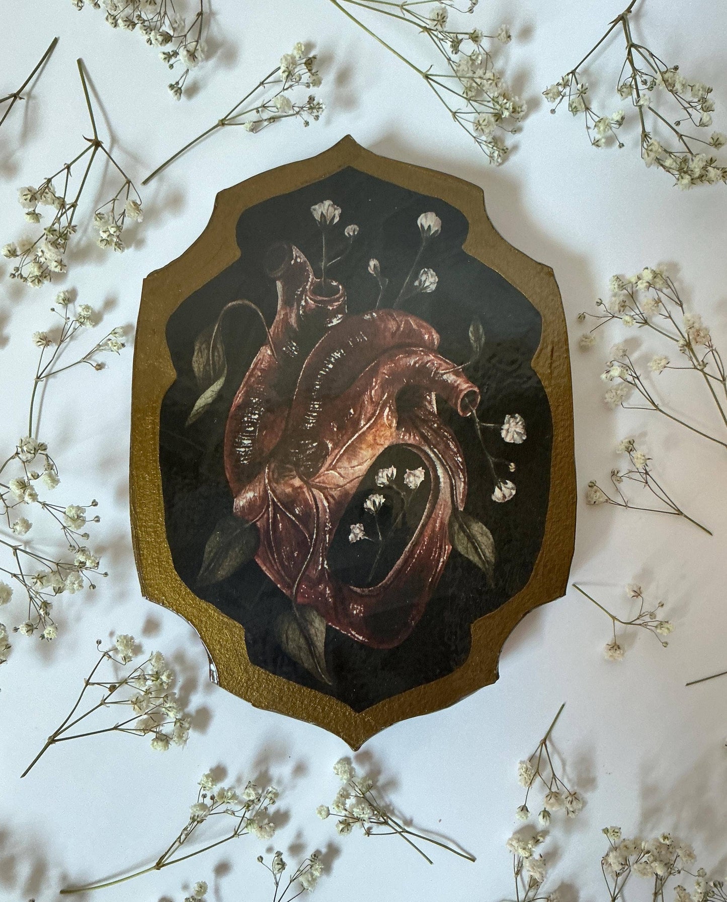 Heart & Baby's Breath Wood Panel Watercolor Painting