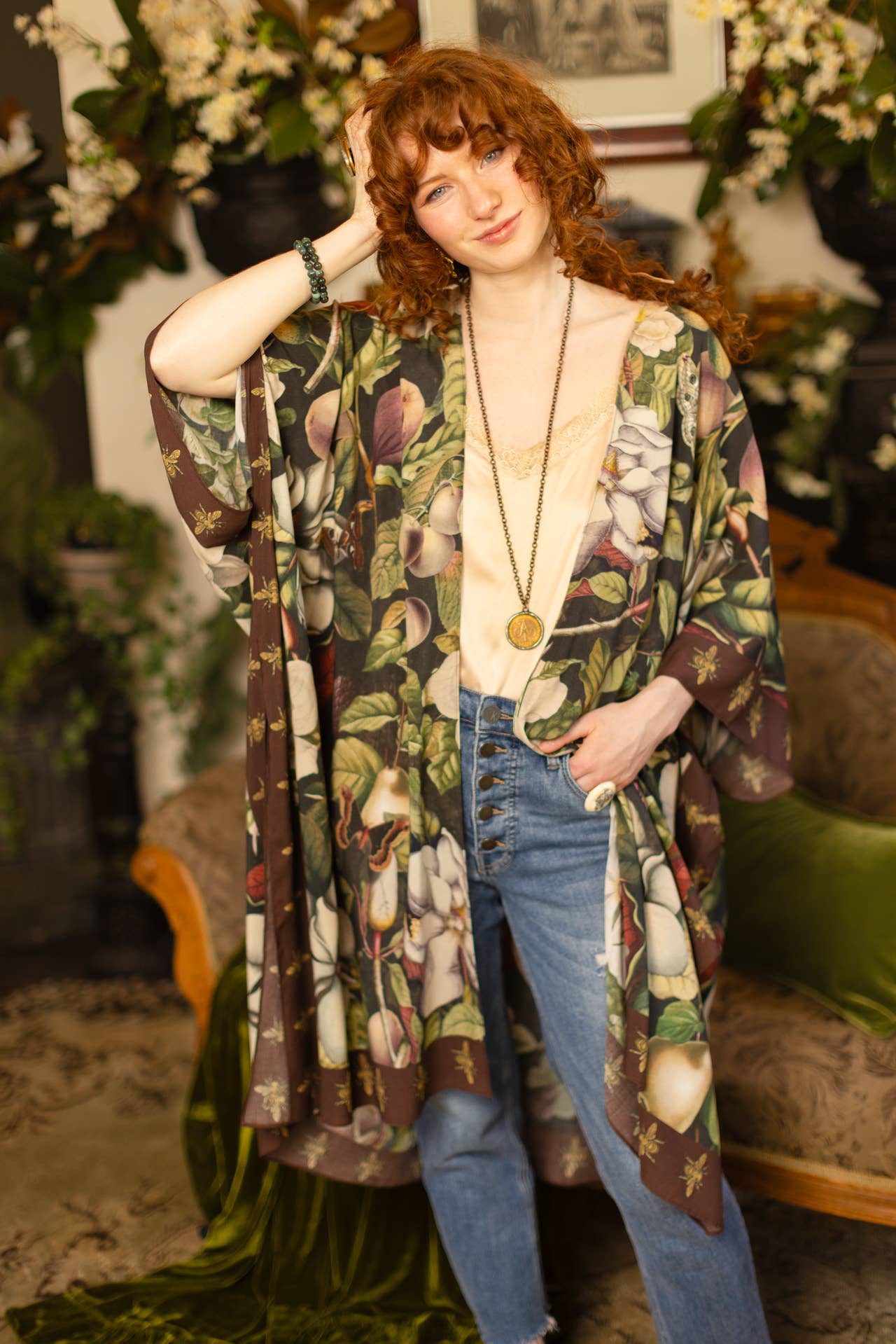 Fleur De Lune Kimono w/ Florals & Bees
