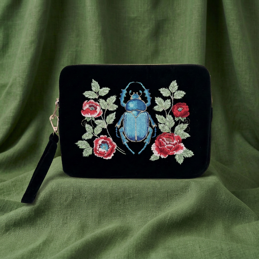 Beetle and Flowers - Sanctuary Embroidered Velvet Everything Pouch