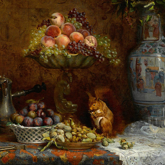 Still Life with Fruit and Squirrel in Antiqued Brass Frame