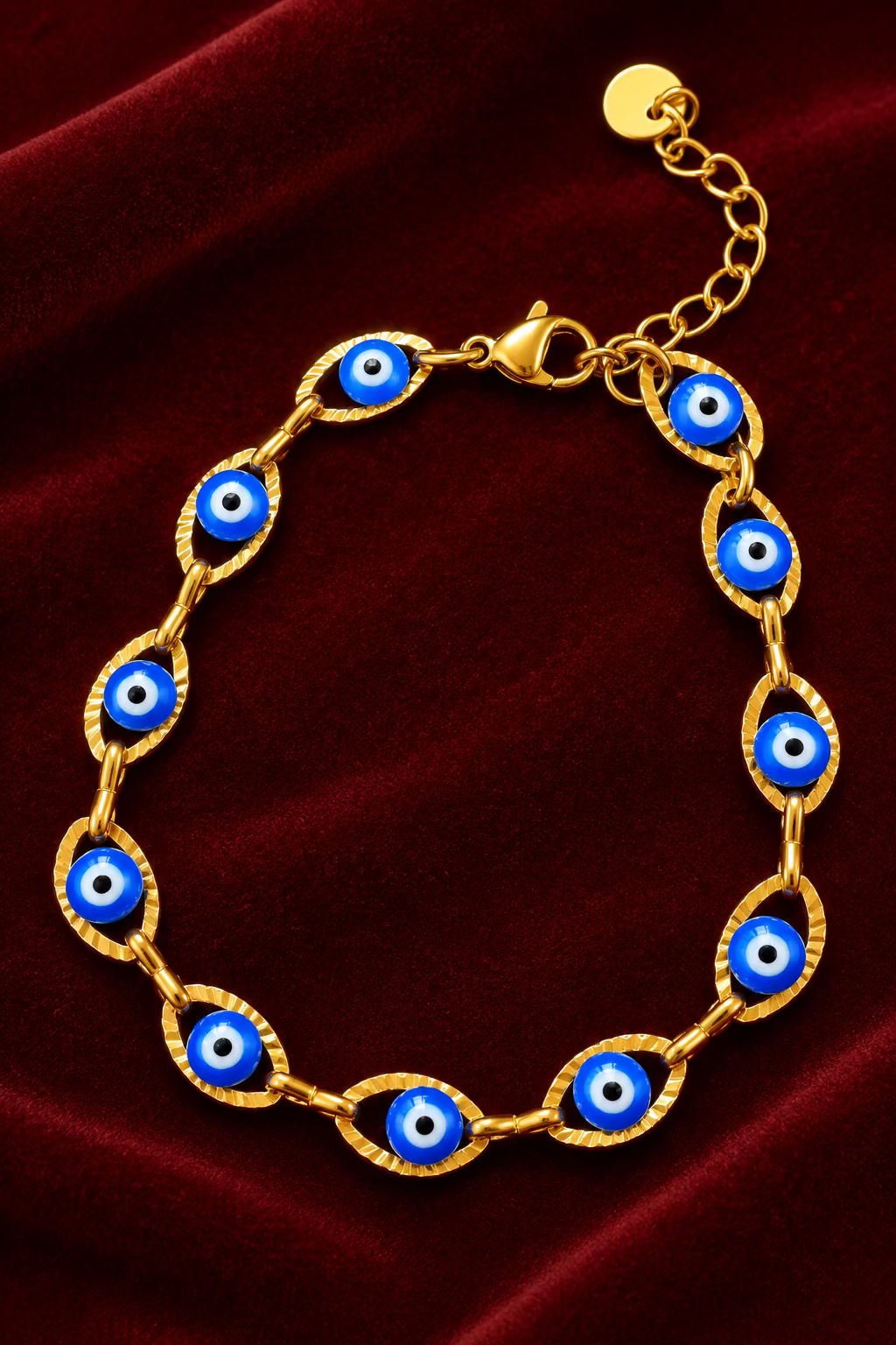 A person's wrist wearing a black bracelet with a charm, displayed on a dark surface.