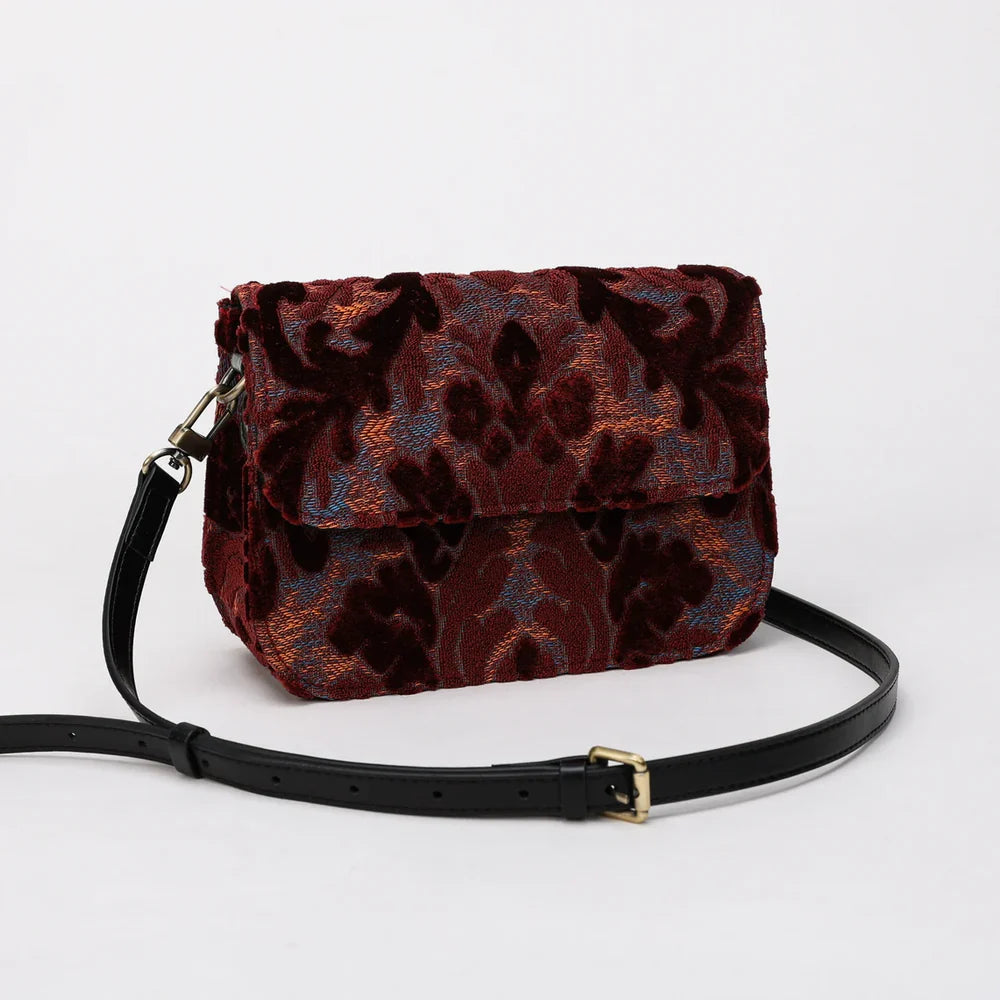 Burnout Velvet Wine Flap Crossbody Bag