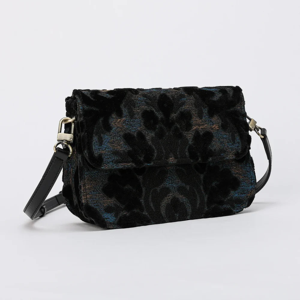 Burnout Velvet Black Flap Crossbody Bag
