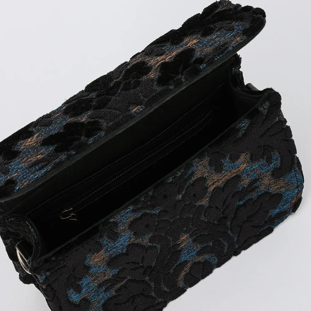 Burnout Velvet Black Flap Crossbody Bag