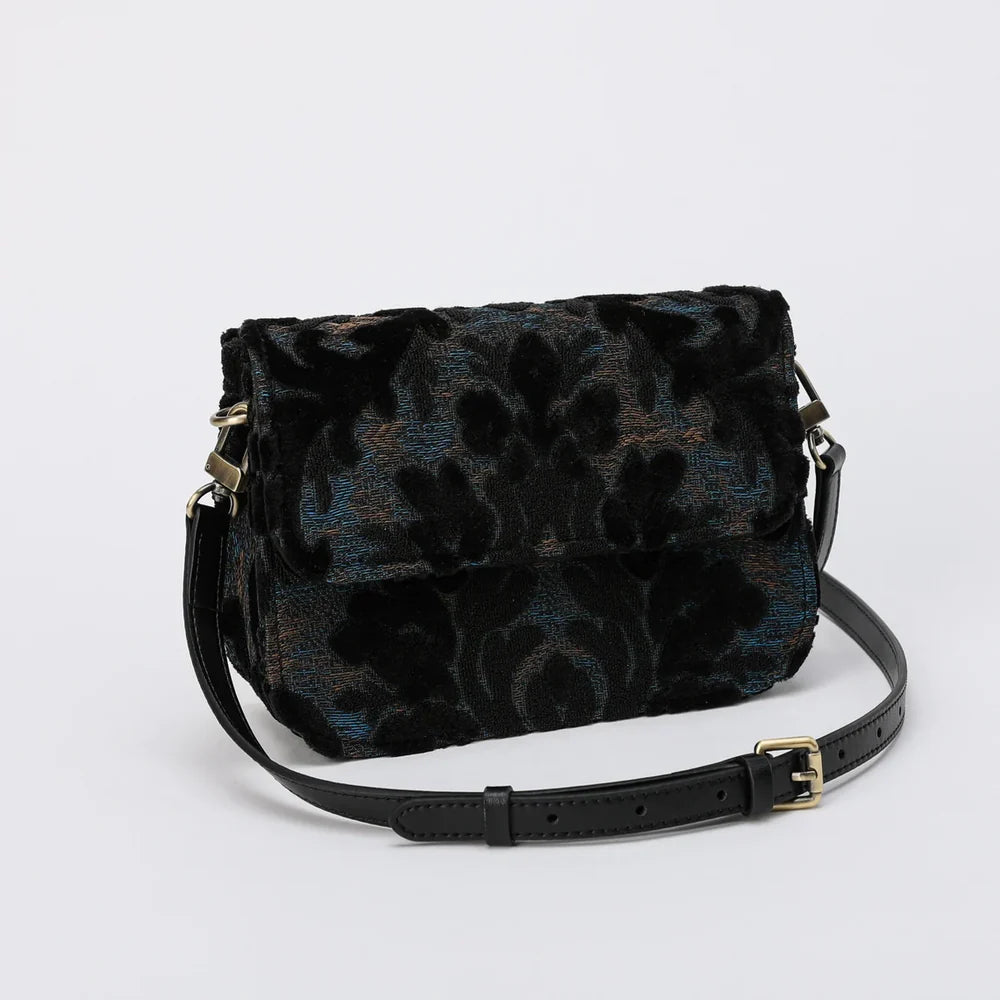 Burnout Velvet Black Flap Crossbody Bag