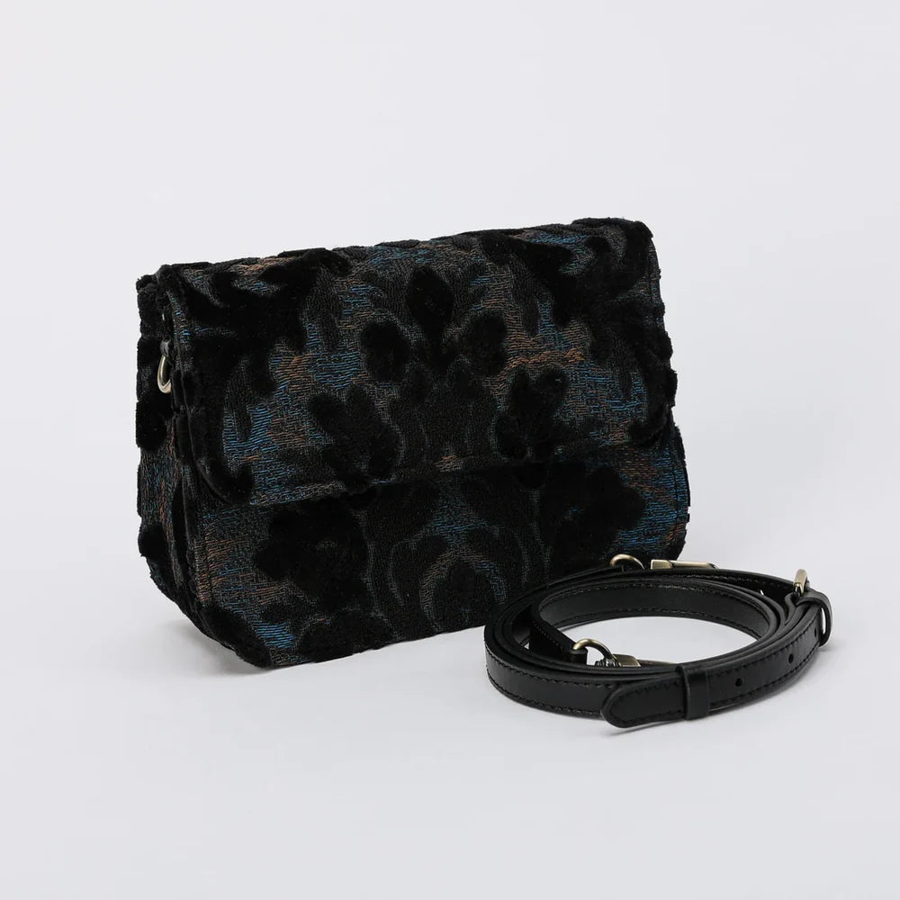 Burnout Velvet Black Flap Crossbody Bag