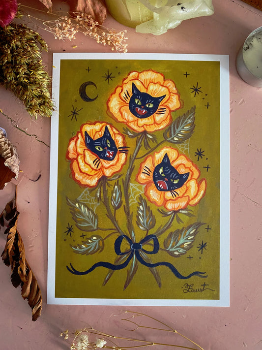 Spooky Cat Bouquet 5x7 Art Print by Olivia Faust