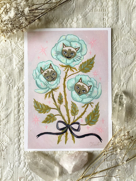 Siamese Cat Bouquet 5x7 Art Print by Olivia Faust