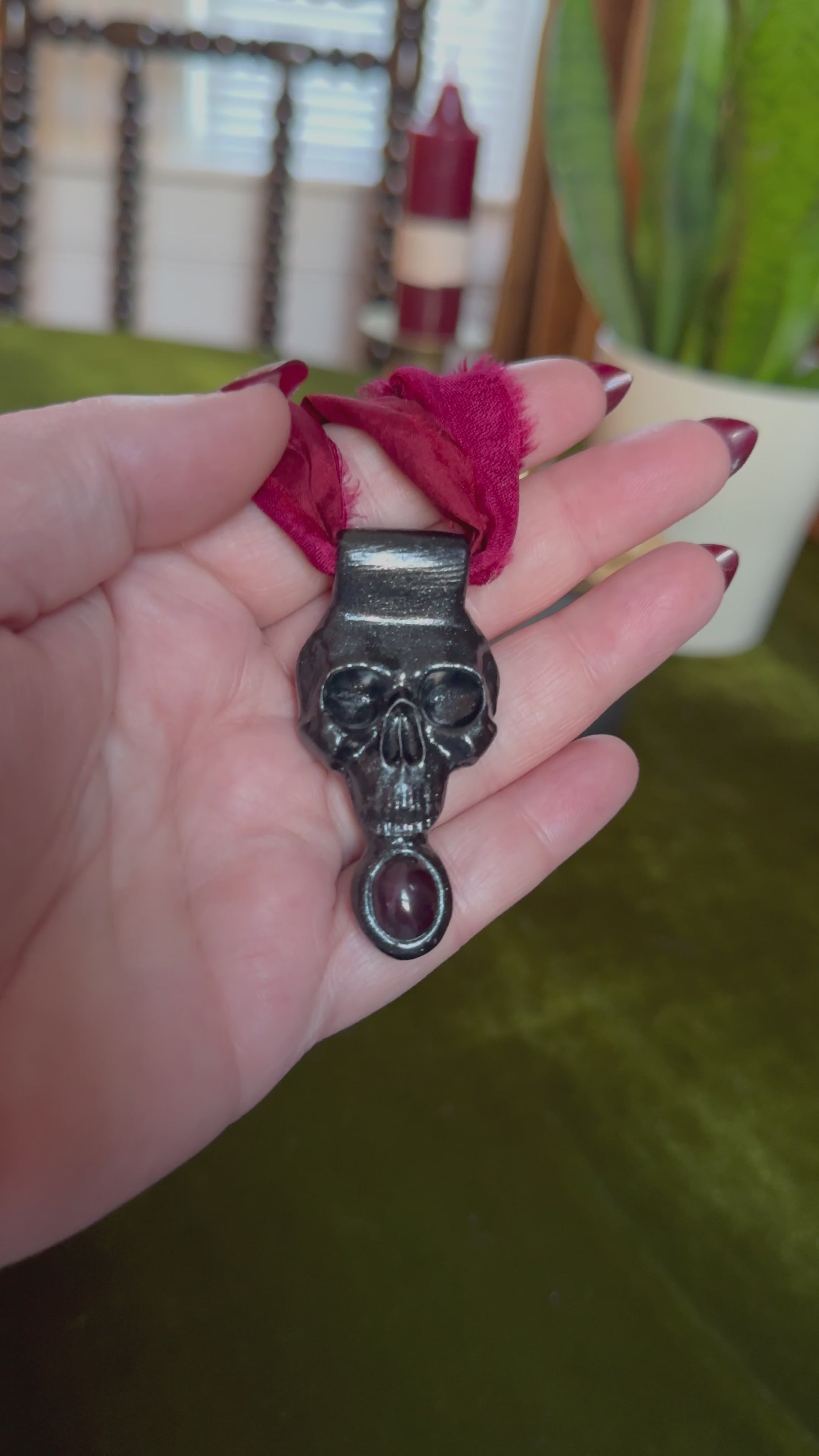 Skull Dark Garnet Talisman on Natural Red Silk Ribbon Necklace | Handmade, Lightweight, Allergen-Friendly