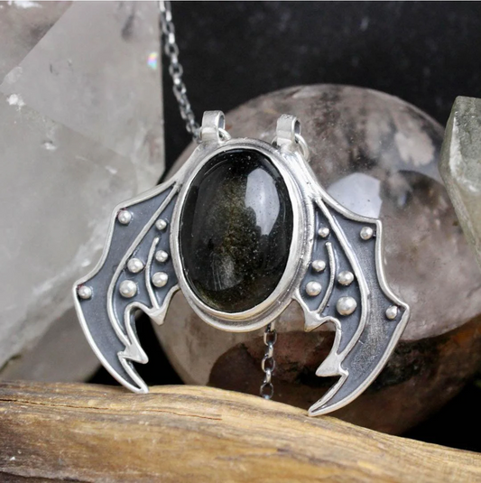 Small Winged Prophetess Necklace - Black Sheen Obsidian & Labradorite Available