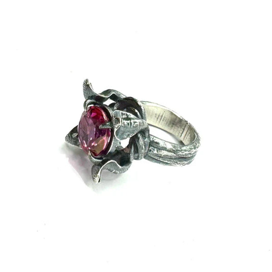 Temple of Minoan Sterling Azotic Pink Topaz Silver Ring with Snake Band