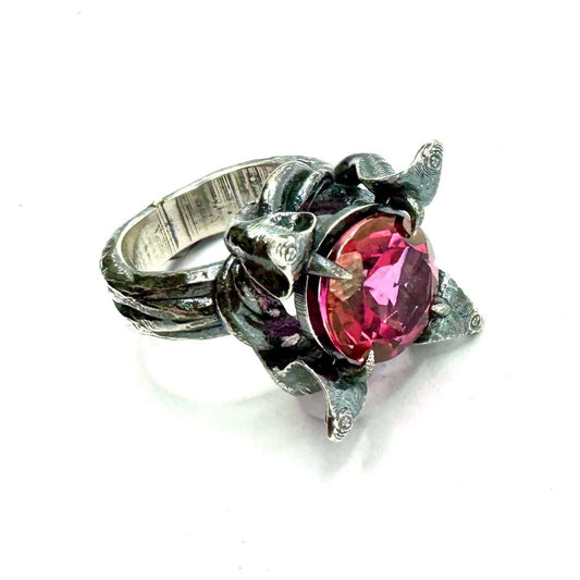 Temple of Minoan Sterling Azotic Pink Topaz Silver Ring with Snake Band