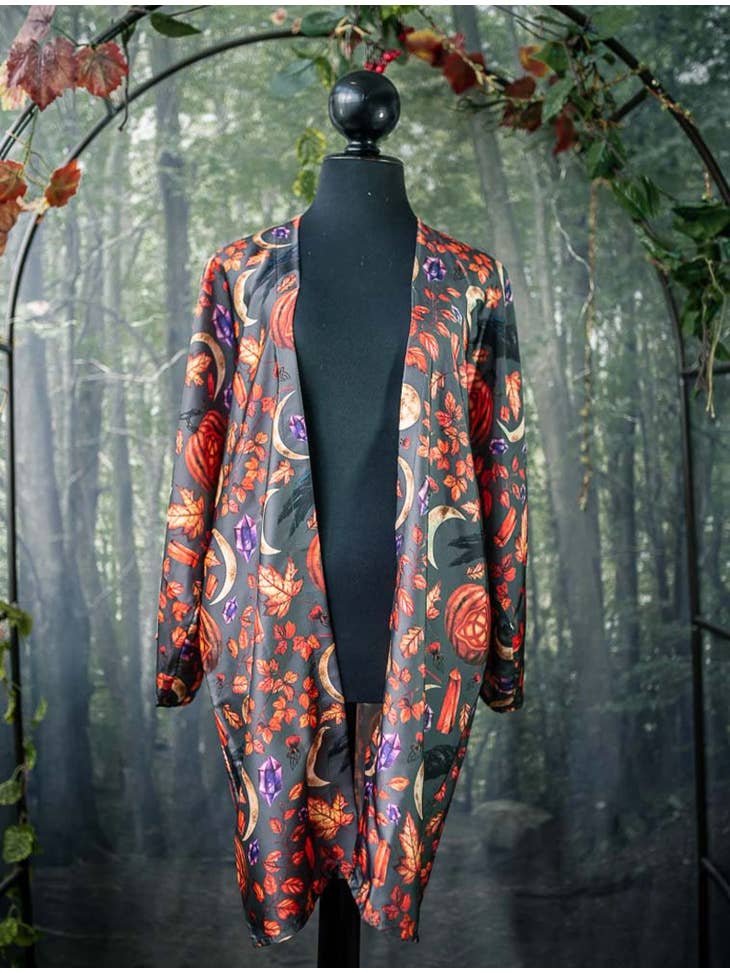 Samhain Pumpkin Raven Hallowen Kimono Robe Satin Cardigan - Nocturne LLC