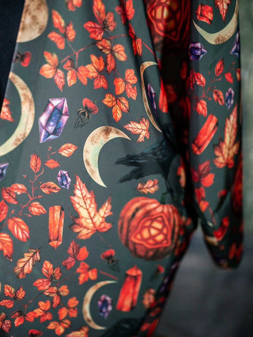 Samhain Pumpkin Raven Hallowen Kimono Robe Satin Cardigan - Nocturne LLC